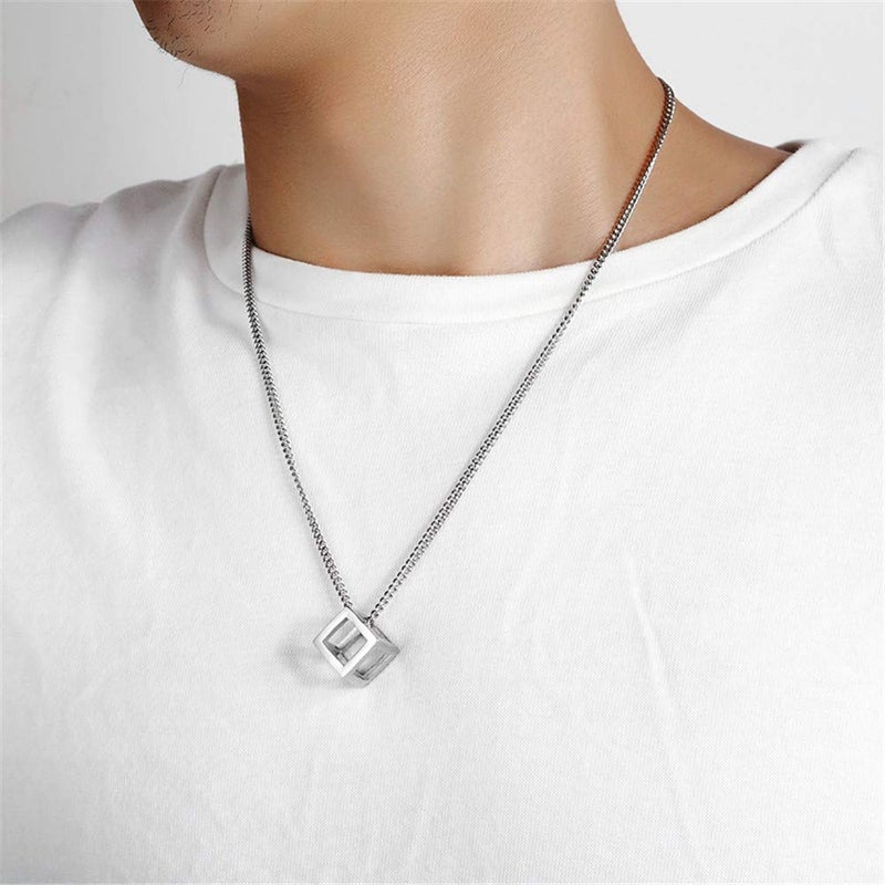 INRENG Men's Women's Stainless Steel Simple Square Hollow Cube Charm Pendant Minimalist Couple Necklace Small, Silver+Black 2pcs - Image 5